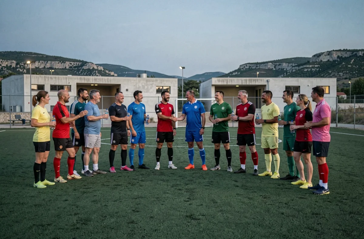 Groupe de joueurs amateurs accueillant un nouveau membre dans un club de football en Ardèche lors d'une séance collective