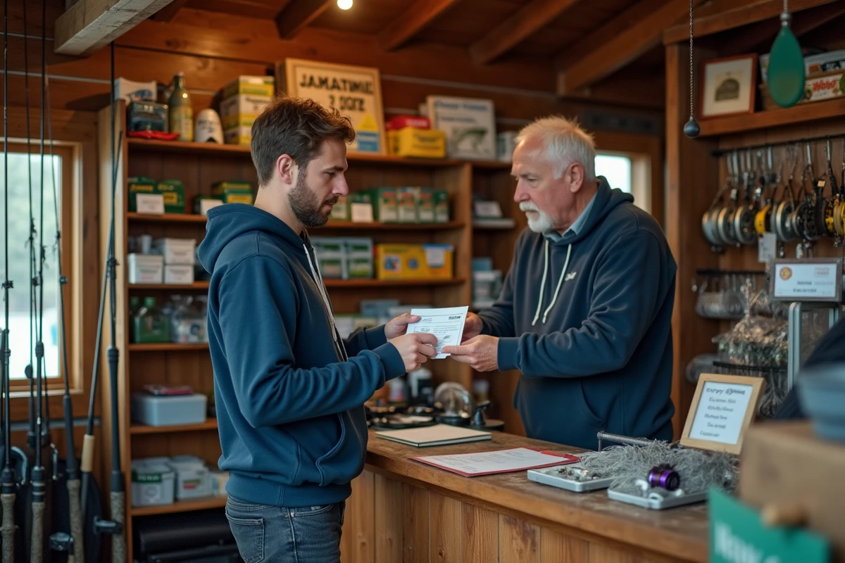 Achat d'une carte de pêche annuelle dans un magasin de pêche rural en France