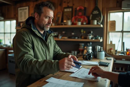 Homme achetant un permis de pêche au guichet d'un magasin de pêche rural en 2026