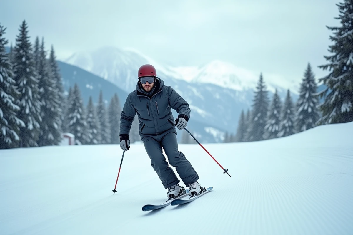 Adulte en action sur une patinette ski descendant une piste enneigée en station, équipement de location visible