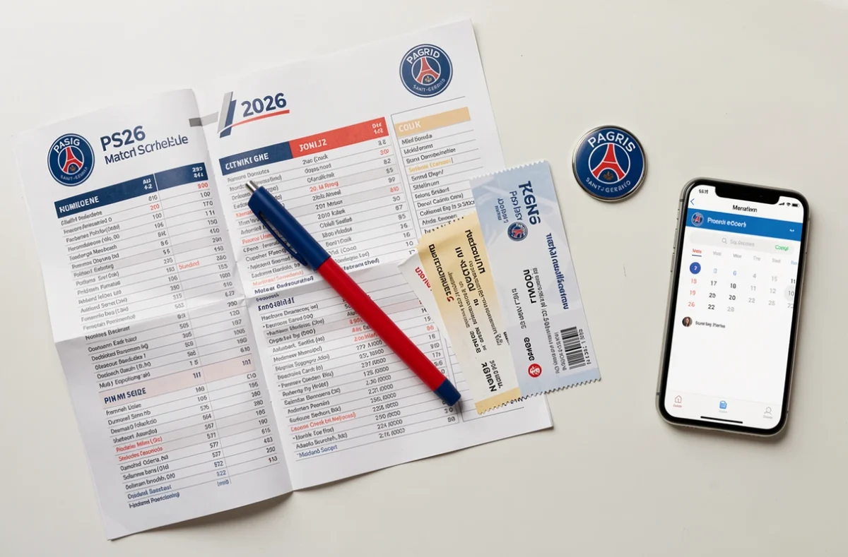 Agenda des matchs PSG 2026 avec billets et accessoires club en flat lay