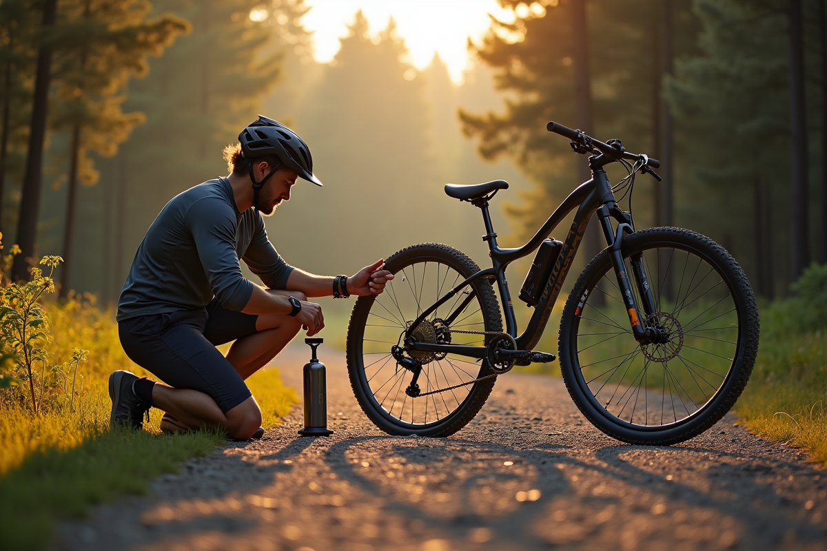 Ajustement de la pression du pneu de VTT au départ de la randonnée