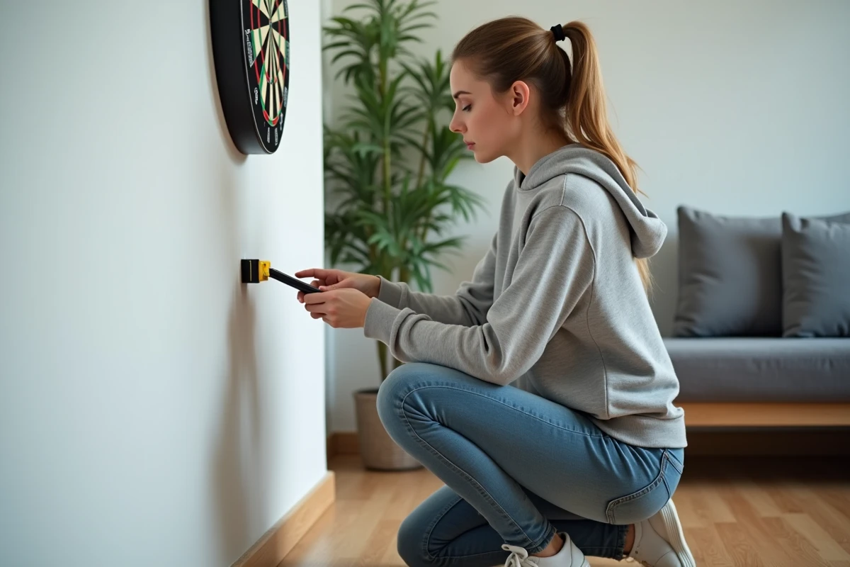 Femme vérifiant l'alignement d'une cible de fléchettes sur un mur blanc dans un appartement moderne