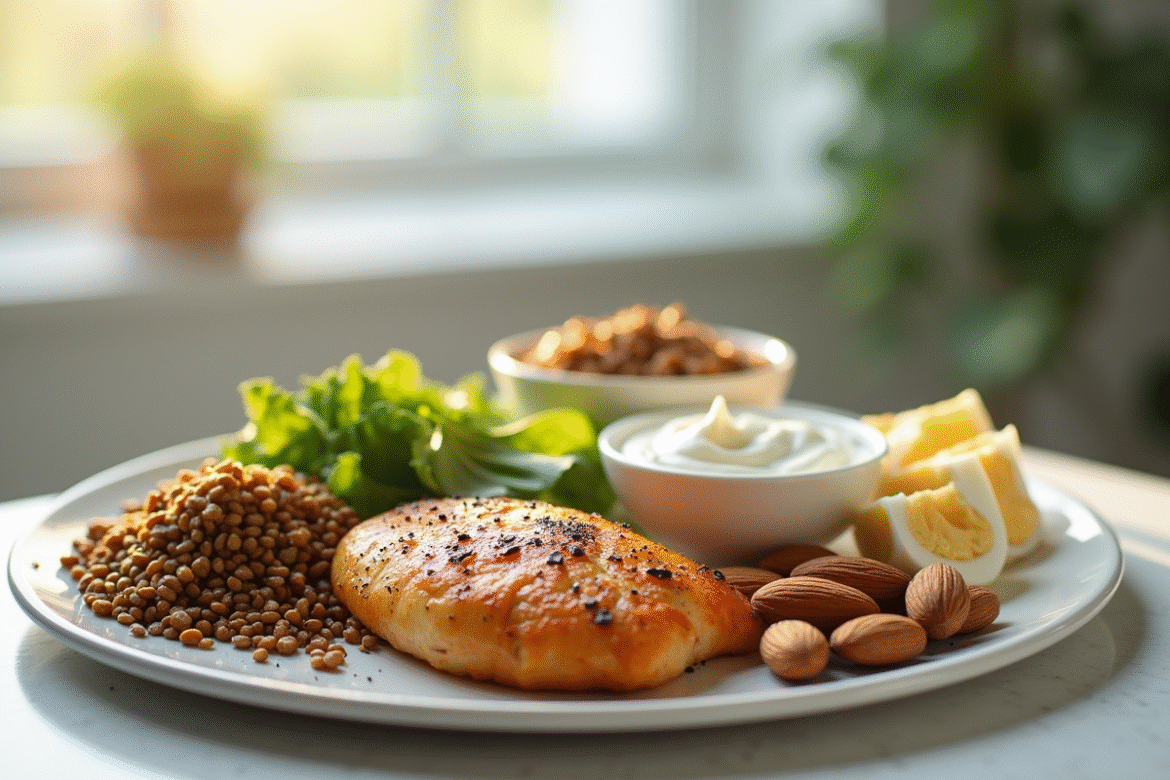 Assortiment d'aliments riches en protéines sur un plan de cuisine