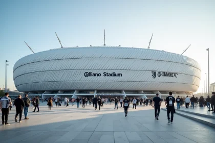 Vue extérieure de l'Allianz Stadium de Turin avec des supporters de la Juventus FC en écharpes noir et blanc devant les entrées