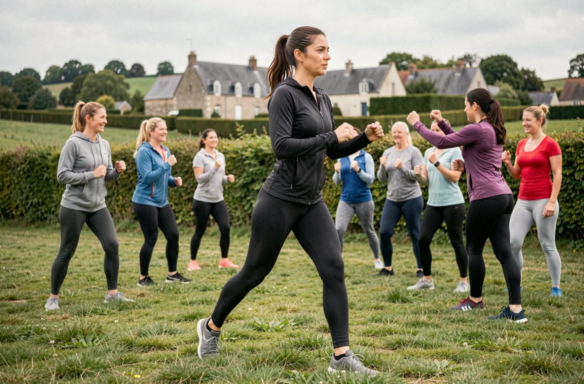 Amel Sahri coach sportif animant un cours collectif en plein air à Cormeilles-en-Vexin