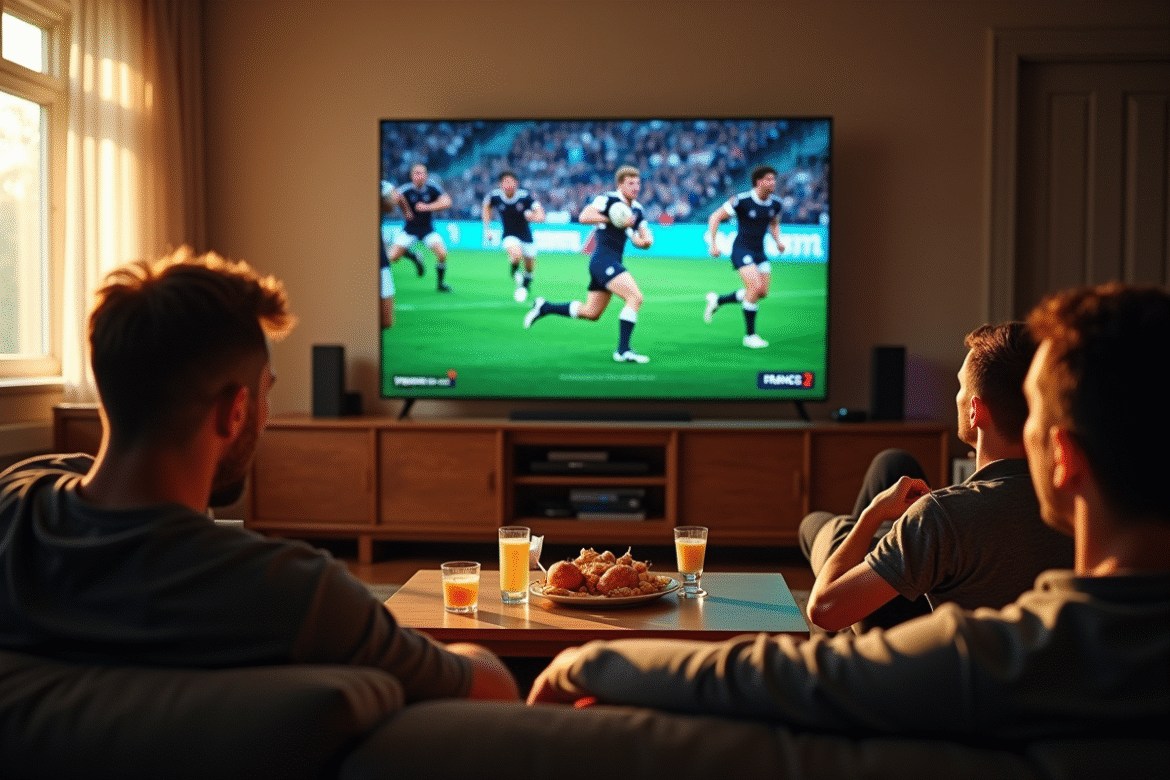 Groupe d'amis regardant un match de rugby à la télévision
