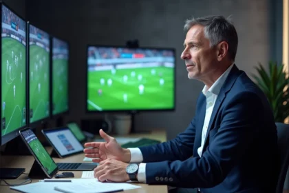 Analyste football en studio avec notes tactiques et moniteur