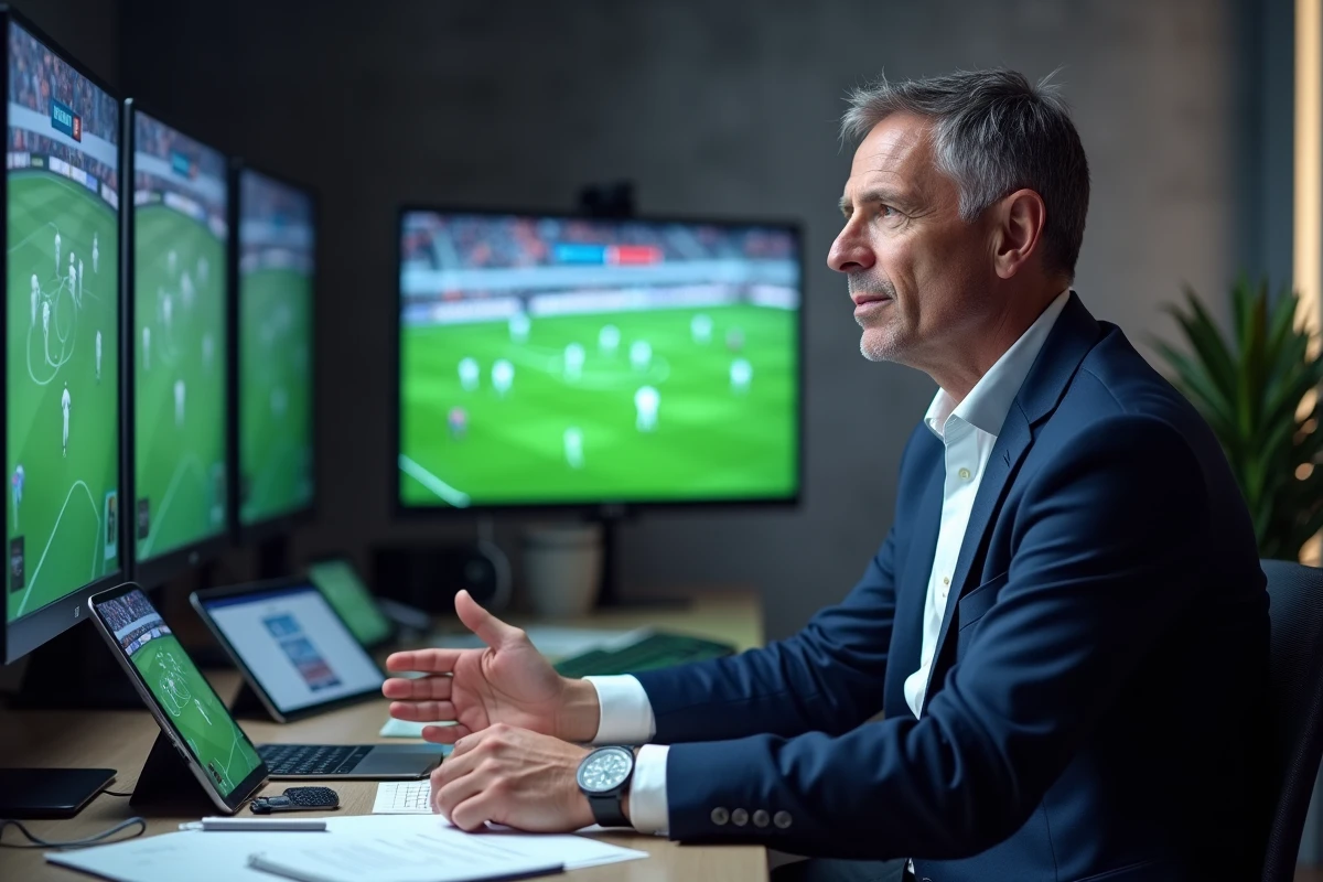 Analyste football en studio avec notes tactiques et moniteur