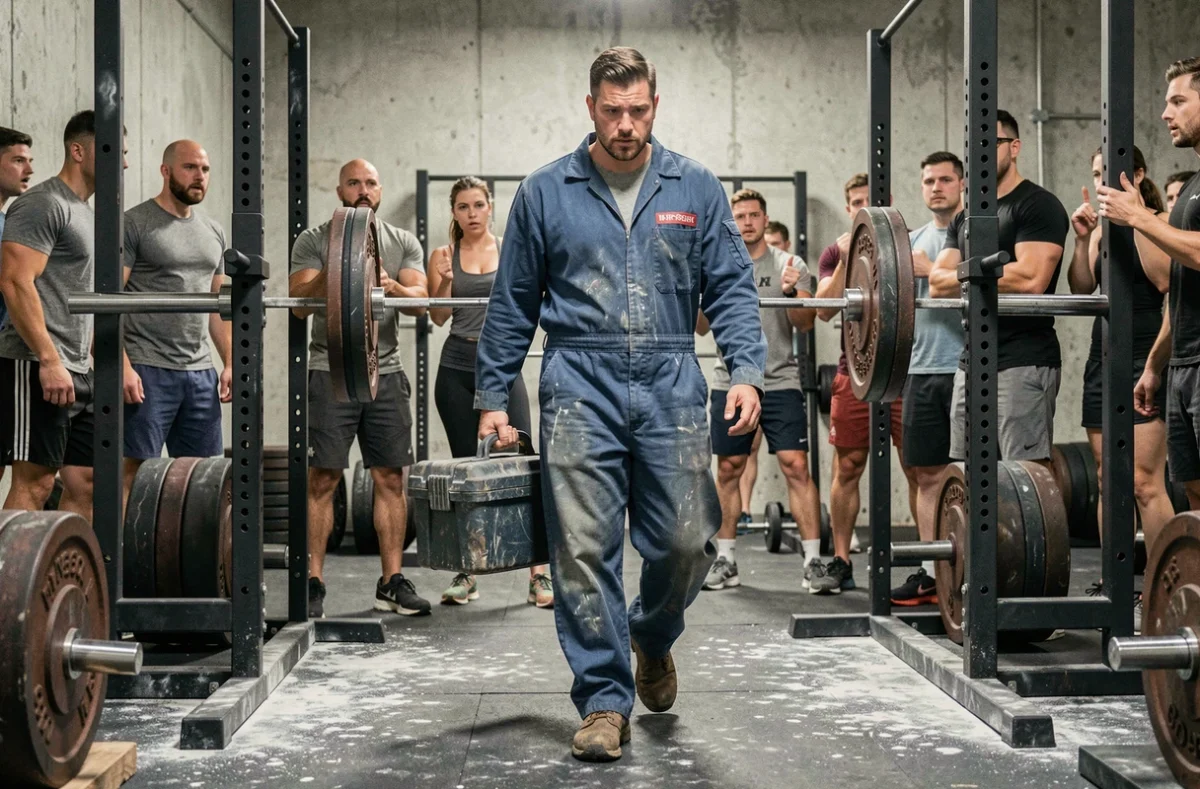 Homme musclé déguisé en ouvrier de maintenance surprenant les habitués d'une salle de musculation en soulevant des poids lourds, vidéo virale style Anatoly
