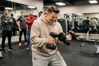 Jeune bodybuilder en sweat décontracté simulant un effort exagéré avec un haltère léger dans une salle de sport, style caméra cachée façon Anatoly