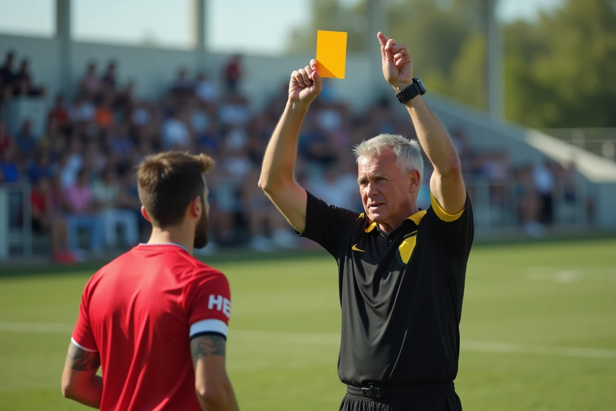 Arbitre brandissant un carton jaune lors d'un match du Sporting Club Aubagne Air Bel