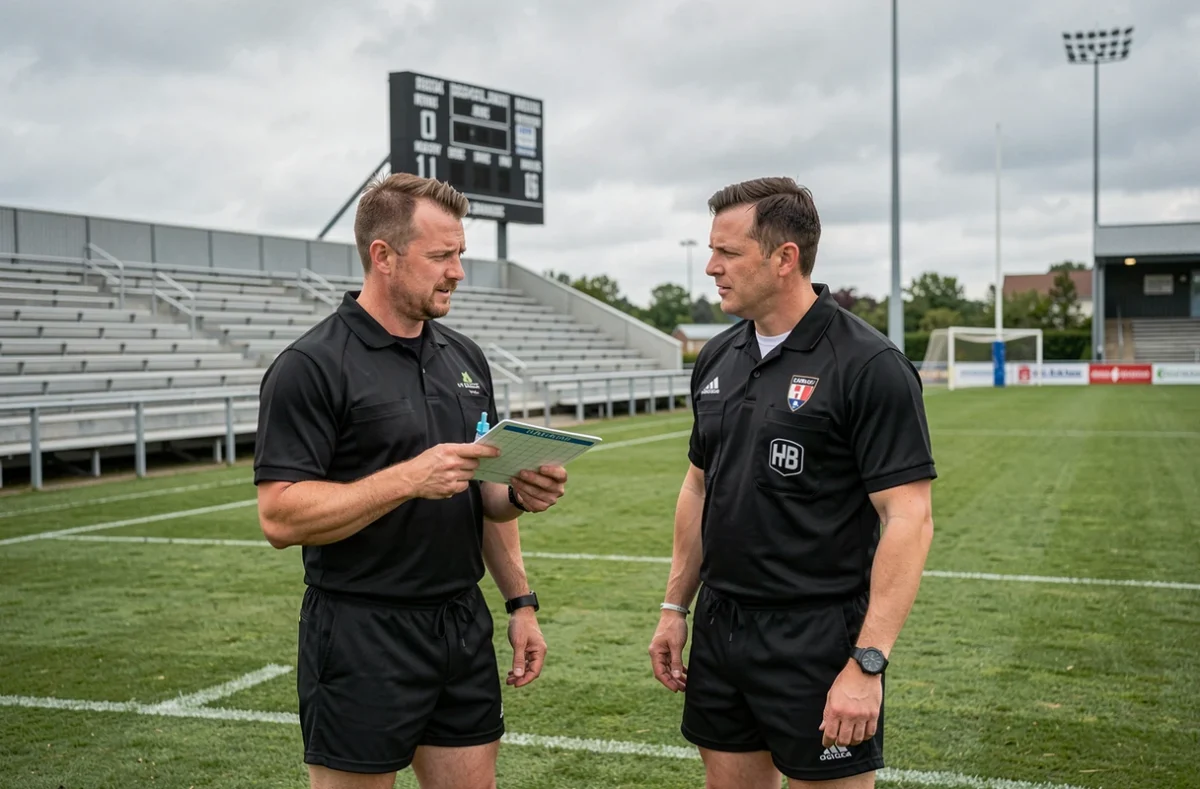 Deux arbitres de rugby examinant le calendrier Fédérale 2 Poule 4 en bord de terrain dans un stade régional