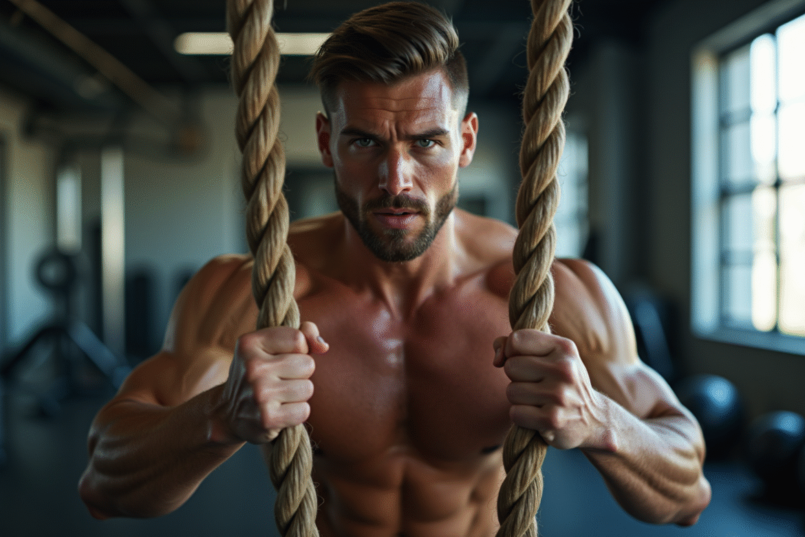 Athlète déterminé s'entraînant avec des battle ropes en salle