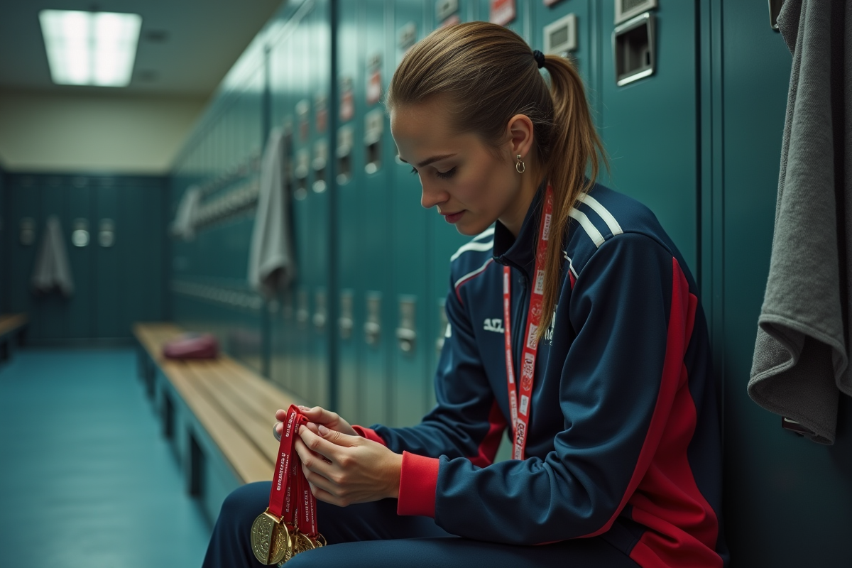 Athlète féminine contemplant ses médailles en vestiaire