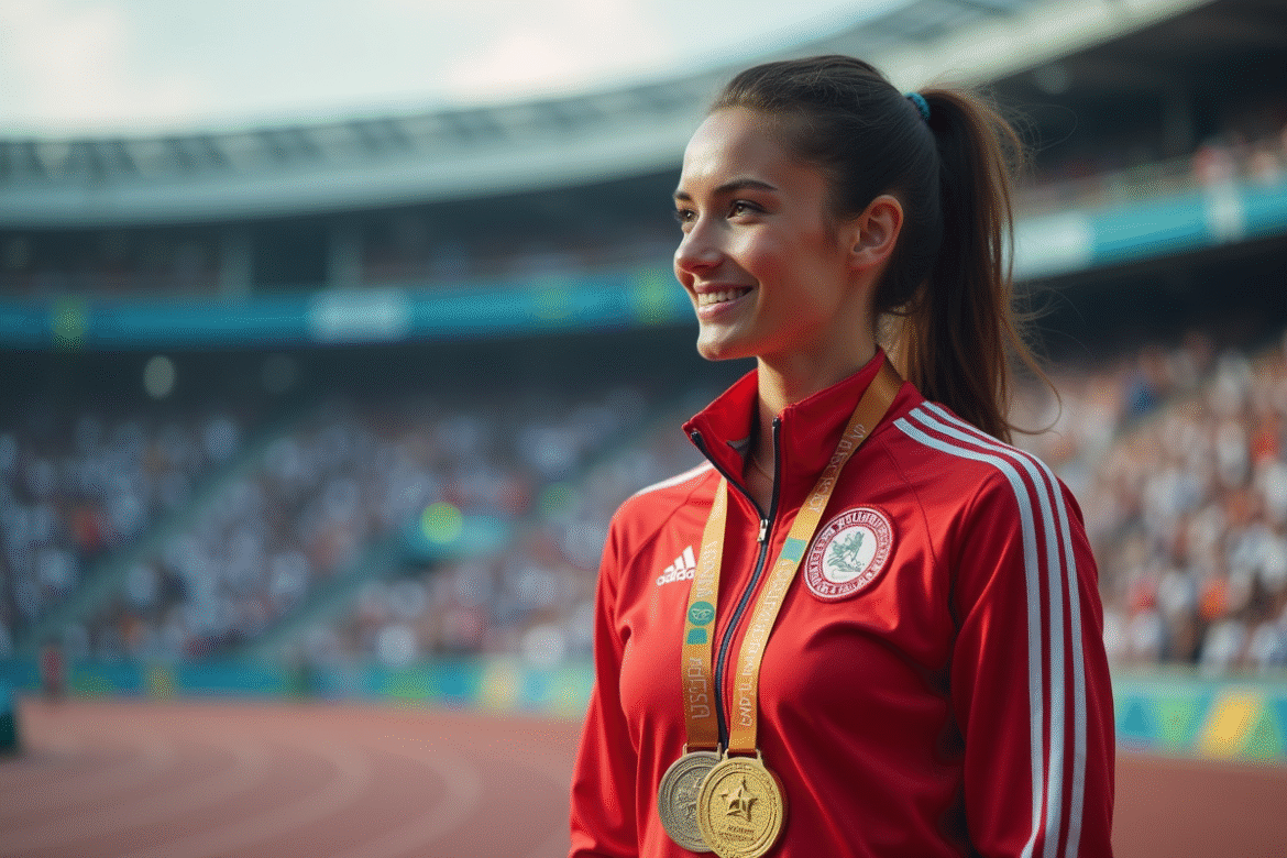 Athlète féminine confiante avec médailles olympiques