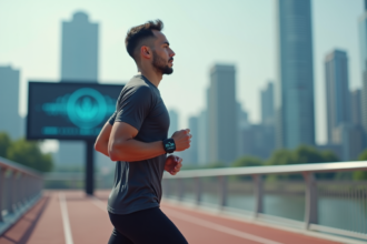 Jeune athlète en sportwear connecté en ville