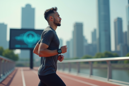 Jeune athlète en sportwear connecté en ville