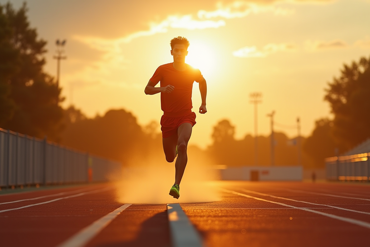 Athlète concentré réalisant des sprints au lever du soleil