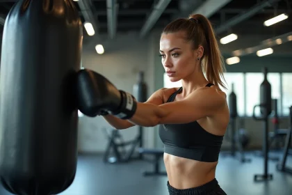 Femme sportive en entraînement face à machine de boxe moderne