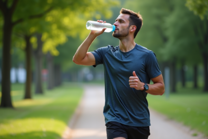 Jeune athlète homme buvant en plein air lors d'une course