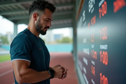 Coureur homme vérifiant sa montre près du tableau de stratégie