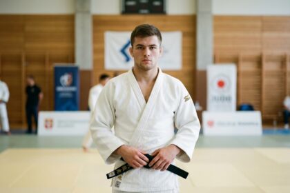 Jeune athlète de judo en gi blanc sur tatami