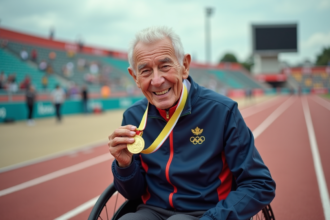 Paralympique âgé en fauteuil avec médaille sur piste
