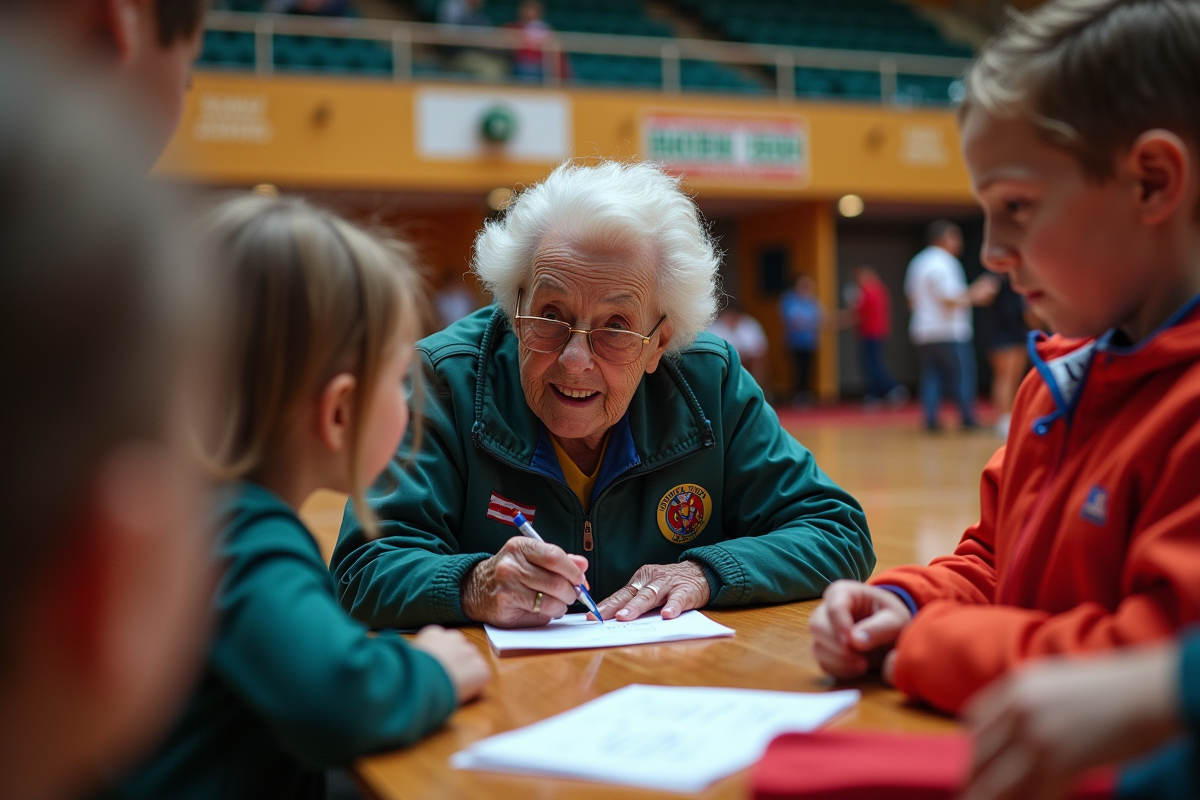 Paralympique signant pour enfants dans une salle sportive