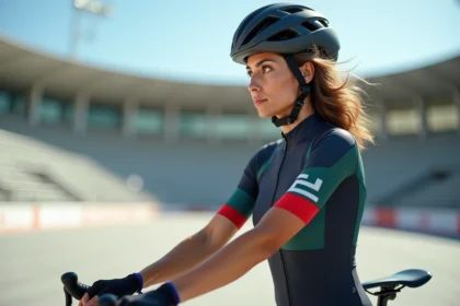Femme athlétique en cyclisme sur piste avec casque