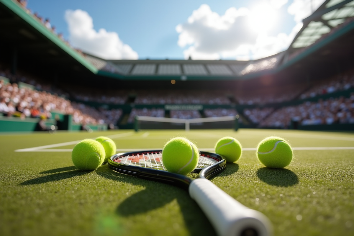 Ballons et raquettes de tennis près de la ligne de fond à Wimbledon avec le public