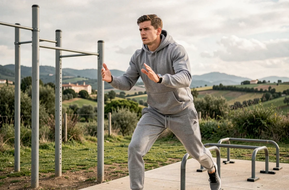 Éducateur sportif Benjamin réalisant une démonstration d'entraînement fonctionnel en extérieur