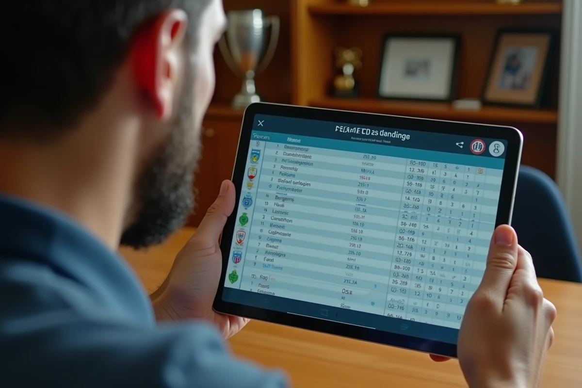Dirigeant du club de Bergerac consultant le classement de championnat sur une tablette dans les bureaux du club
