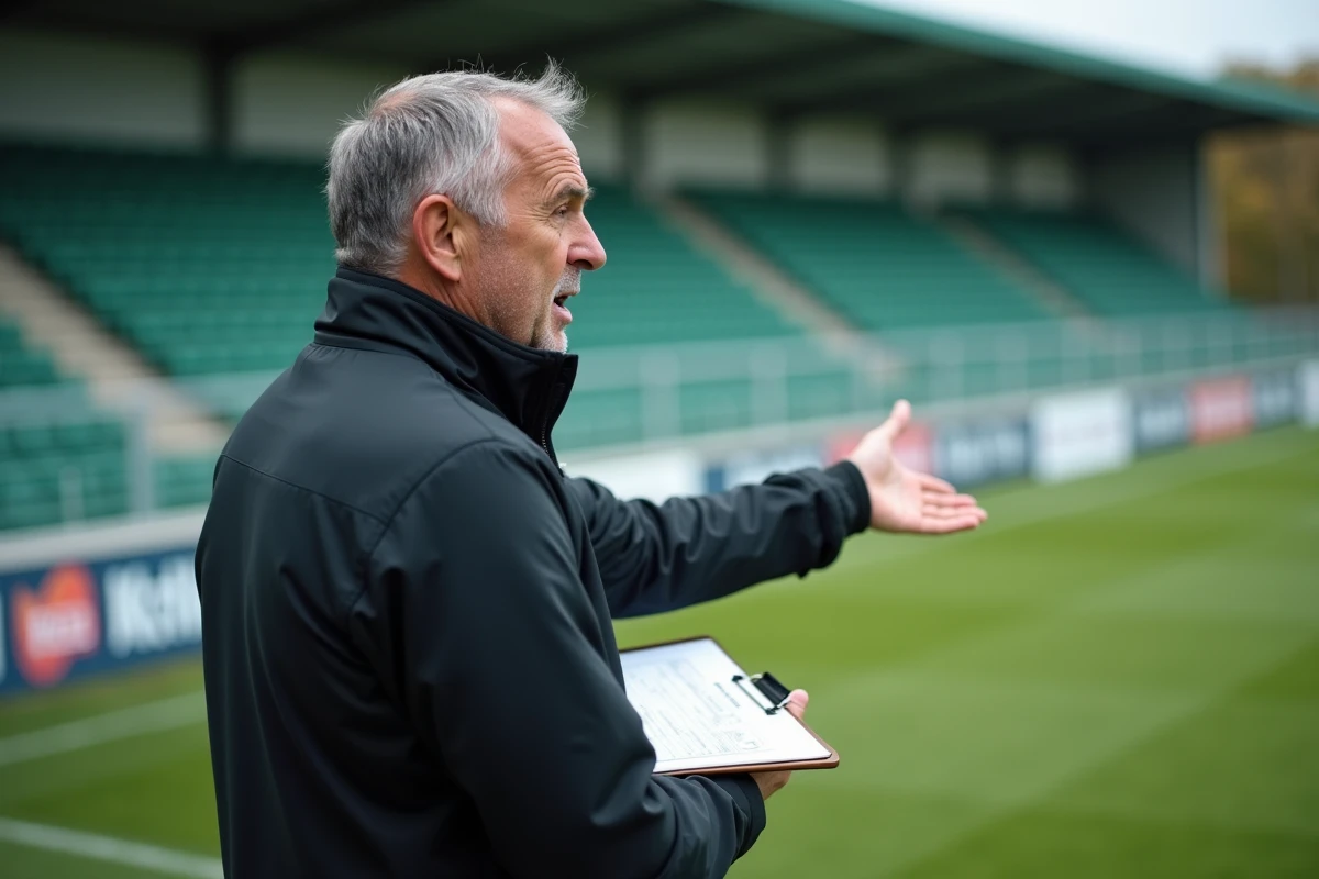 Entraîneur du club de Bergerac donnant des instructions tactiques en bord de terrain lors d'un match de classement