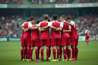 Joueurs du club de Bergerac réunis en huddle sur le terrain avant un match de championnat 2026