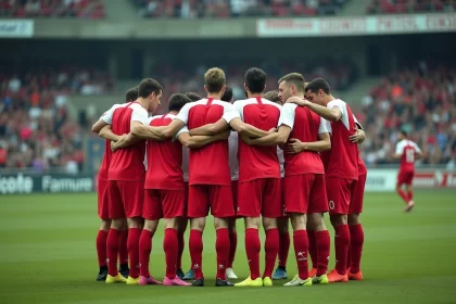 Joueurs du club de Bergerac réunis en huddle sur le terrain avant un match de championnat 2026