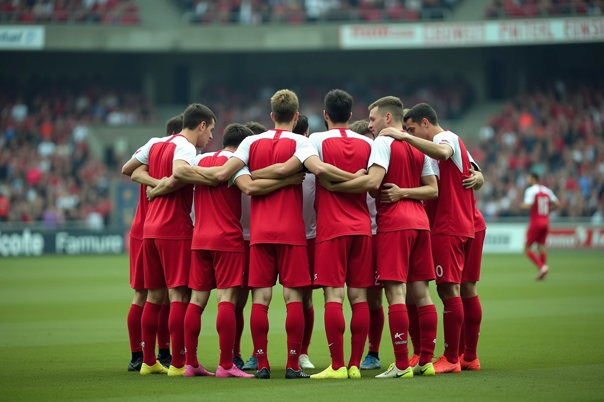 Joueurs du club de Bergerac réunis en huddle sur le terrain avant un match de championnat 2026