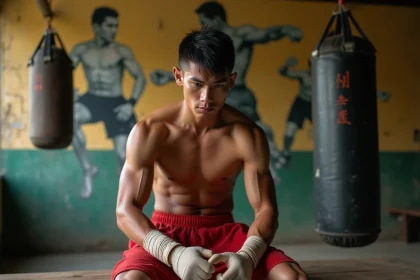 Boxeur thaï champion préparant ses mains avant l'entraînement dans une salle de Muay Thai traditionnelle à Bangkok