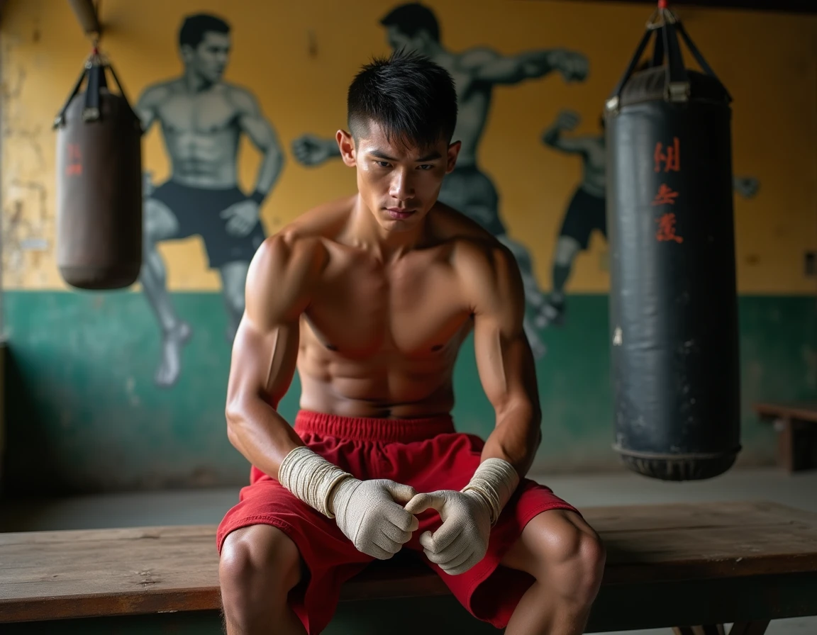 Boxeur thaï champion préparant ses mains avant l'entraînement dans une salle de Muay Thai traditionnelle à Bangkok