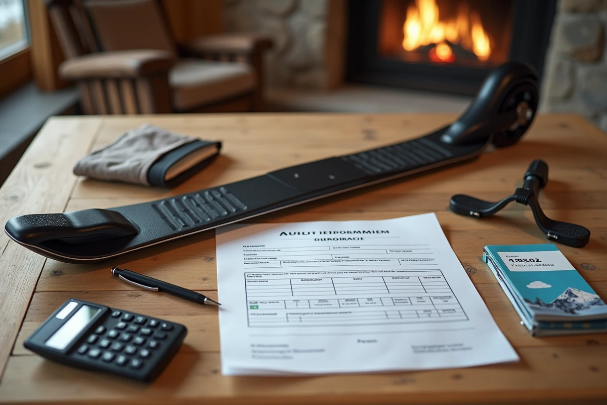 Vue de dessus d'un calcul de coût de saison pour une patinette ski adulte avec contrat de location, calculatrice et forfait de ski sur table en bois de chalet