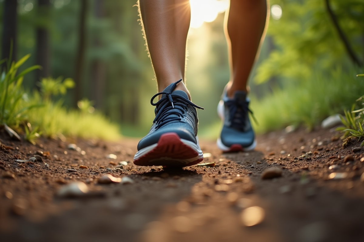 Détail de baskets sportives sur sentier en forêt en plein jour