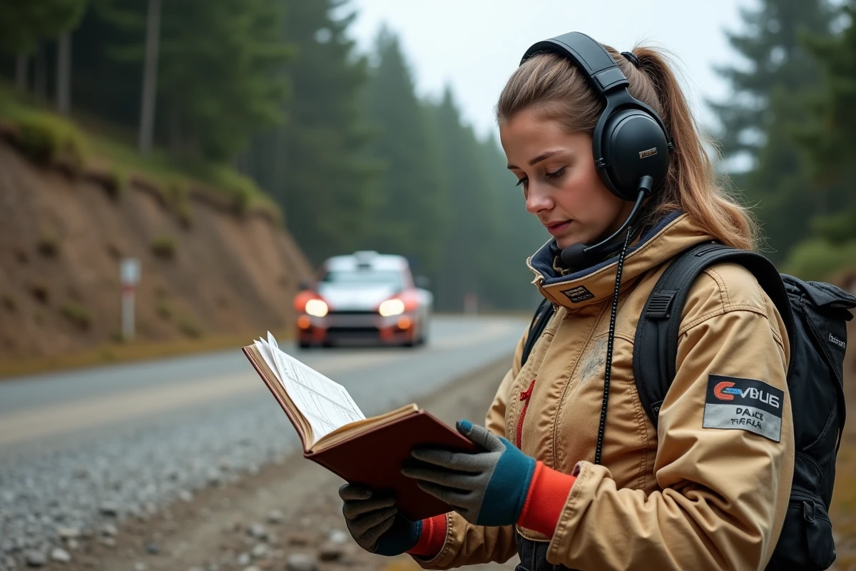 Co-pilote de rally étudiant ses notes en forêt