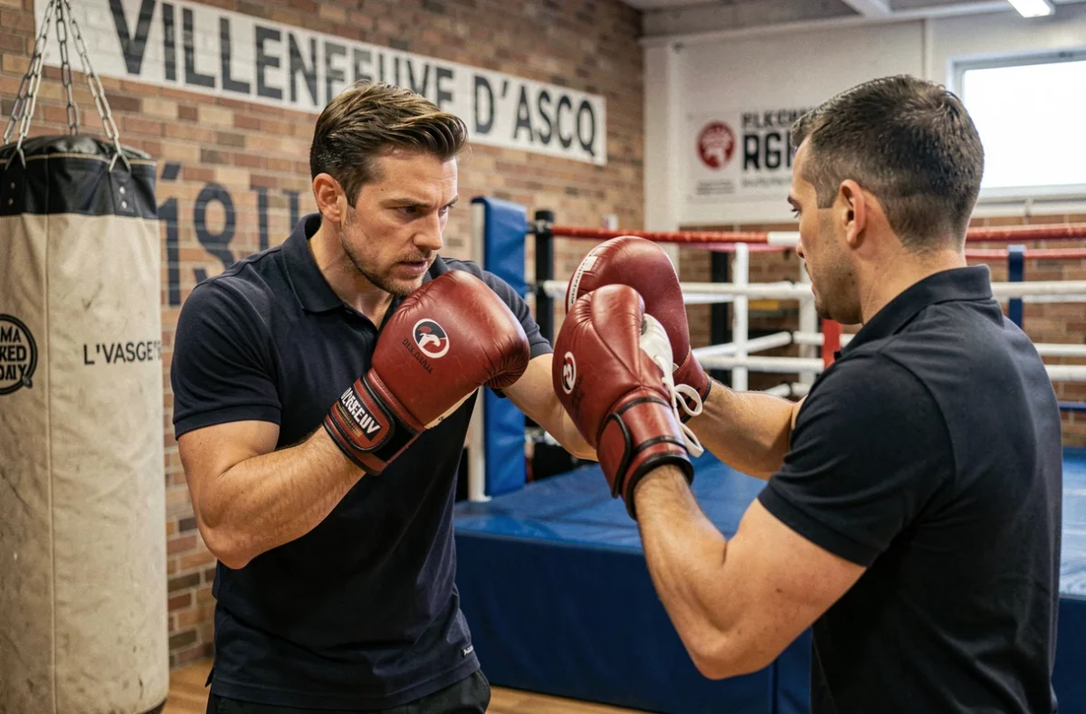 Coach BOXSAY supervisant un entraînement de boxe avec mitaines dans une salle à Villeneuve-d'Ascq