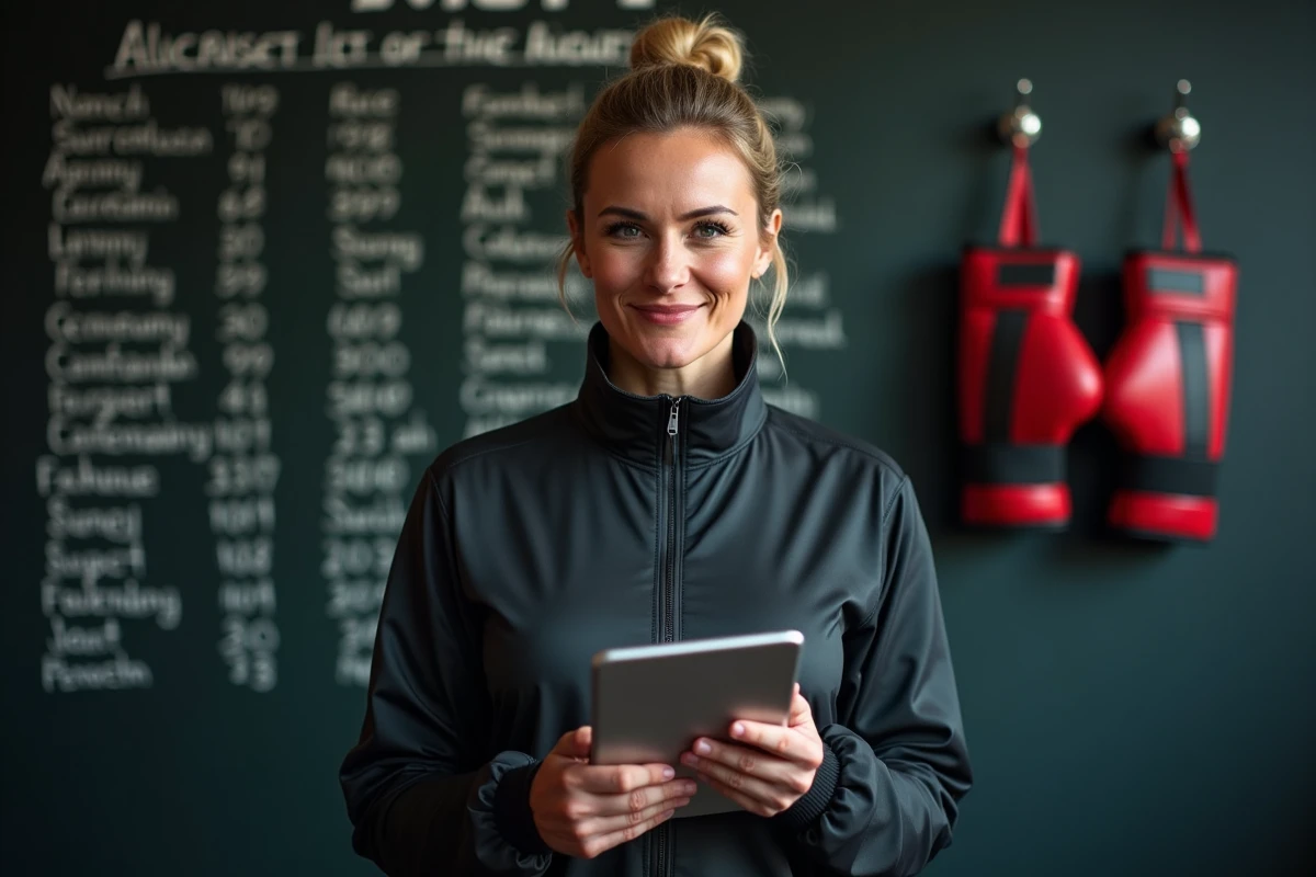 Entraineure féminine avec tablette et tableau de poids
