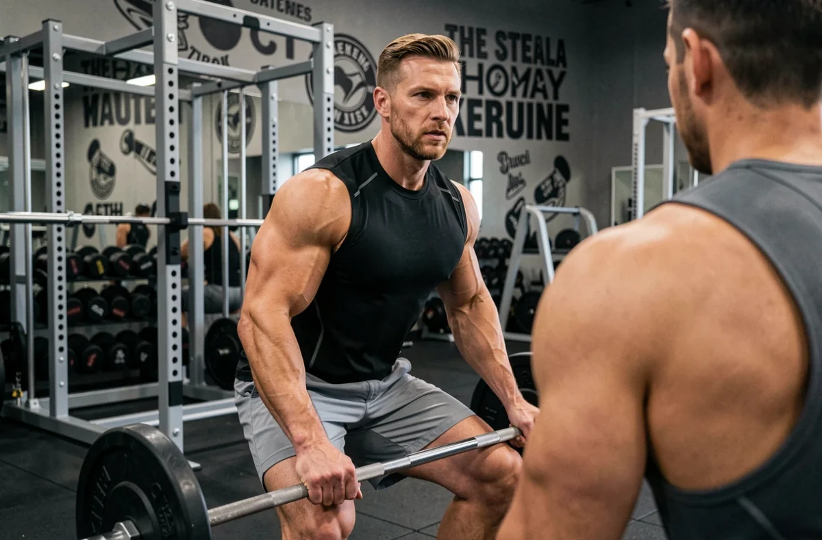 Coach en salle de musculation guidant un client lors d'un exercice de squat avec barre