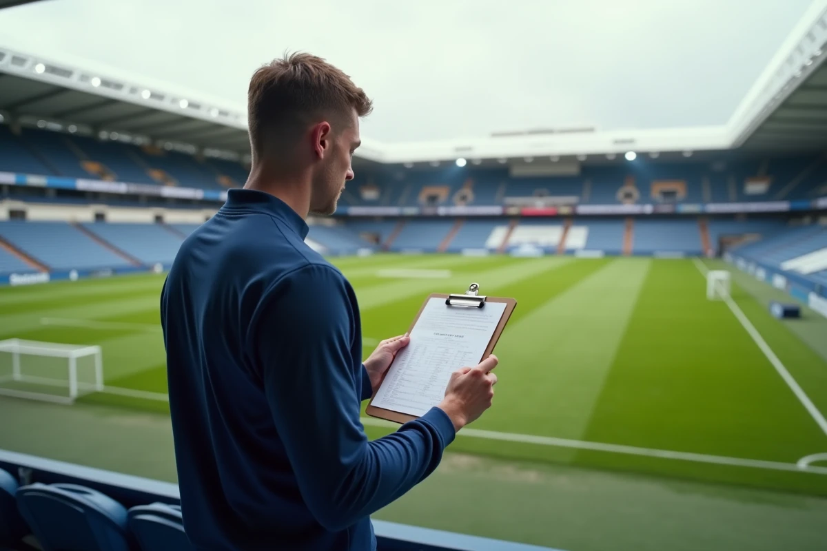 Entraineur de football examinant le calendrier sur le terrain