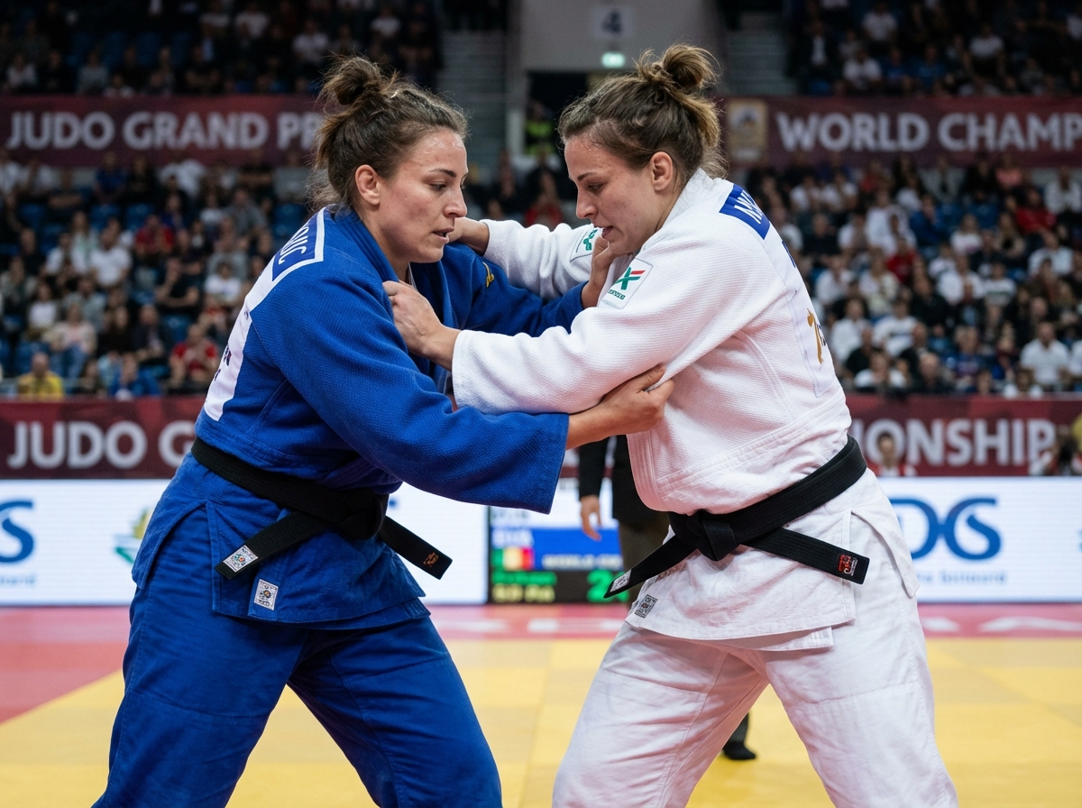 Deux femmes en pleine lutte lors d’un match de judo