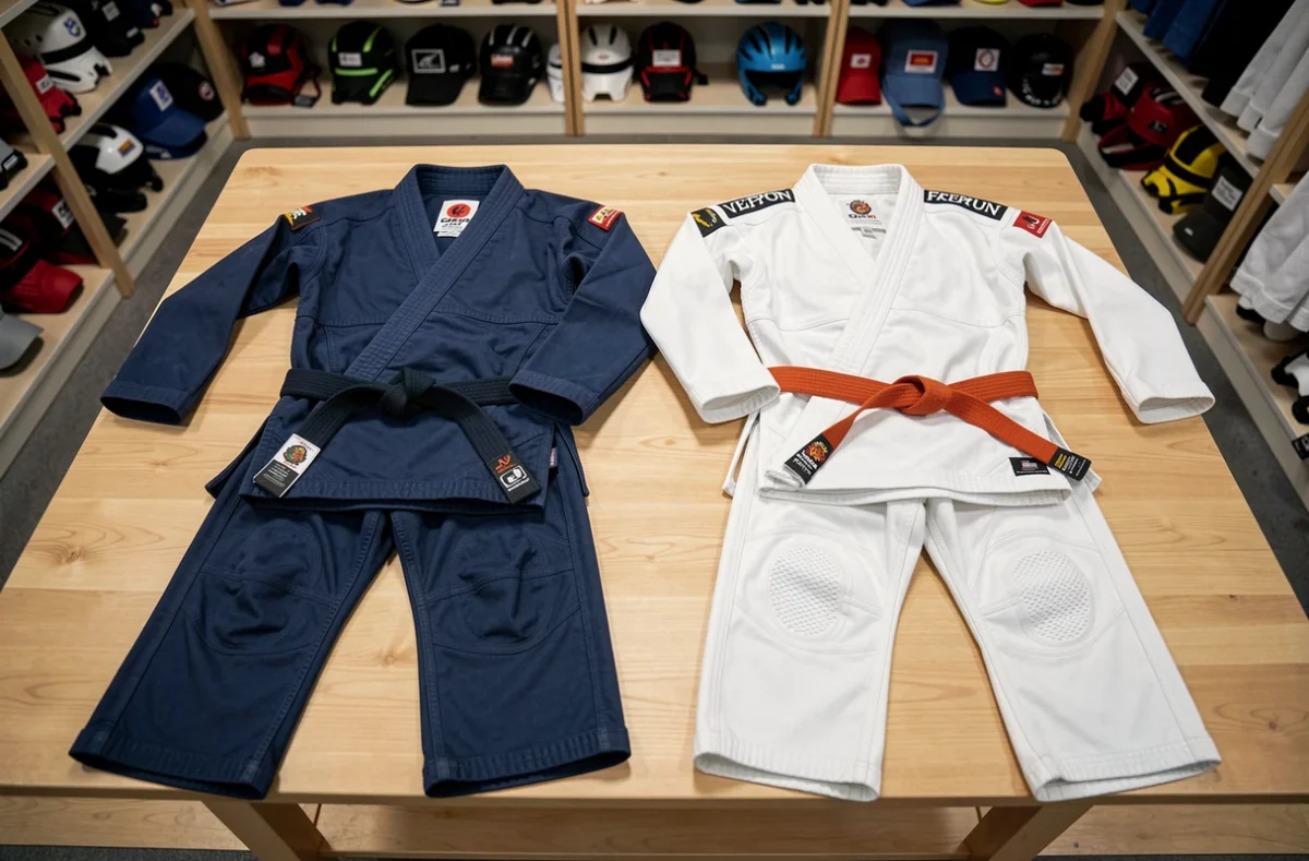 Comparaison de deux kimonos de jiu jitsu posés à plat, un bleu marine et un blanc, dans une boutique de sport