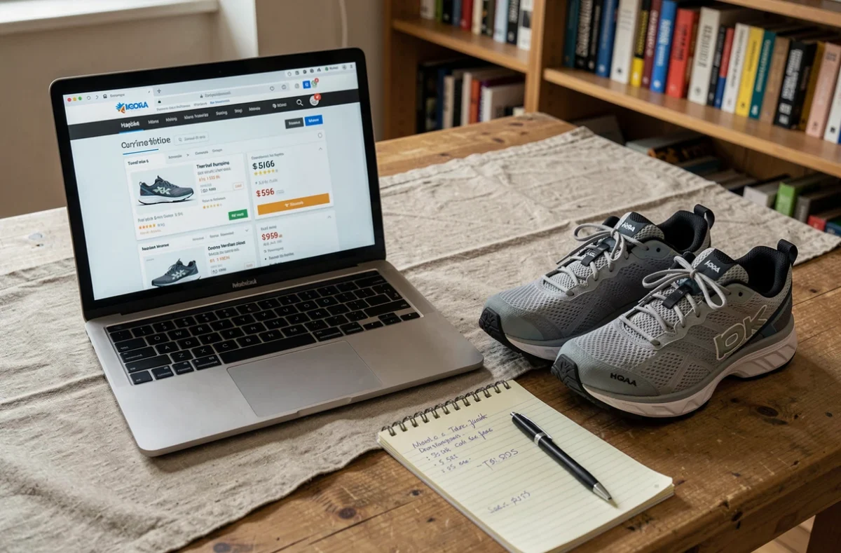 Comparatif de prix en ligne des chaussures Hoka Speedgoat 6 affiché sur ordinateur portable avec la chaussure de trail posée à côté sur une table en bois