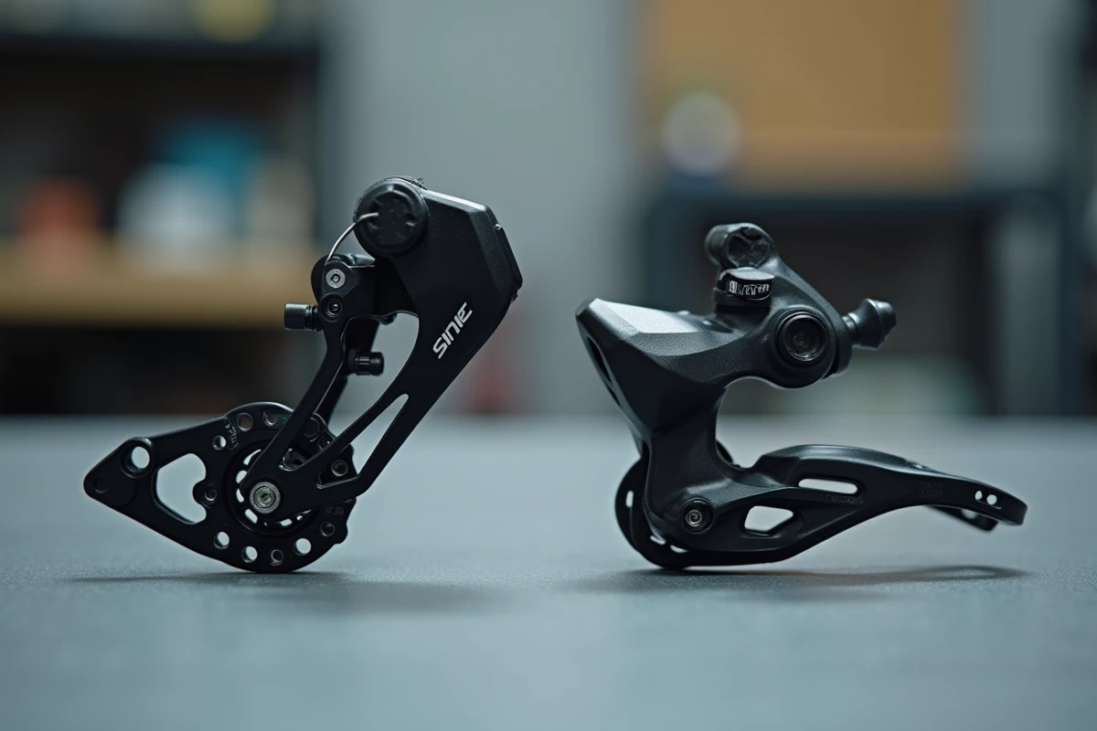 Comparatif côte à côte des dérailleurs Shimano Ultegra et SRAM Force AXS sur un établi d'atelier vélo professionnel